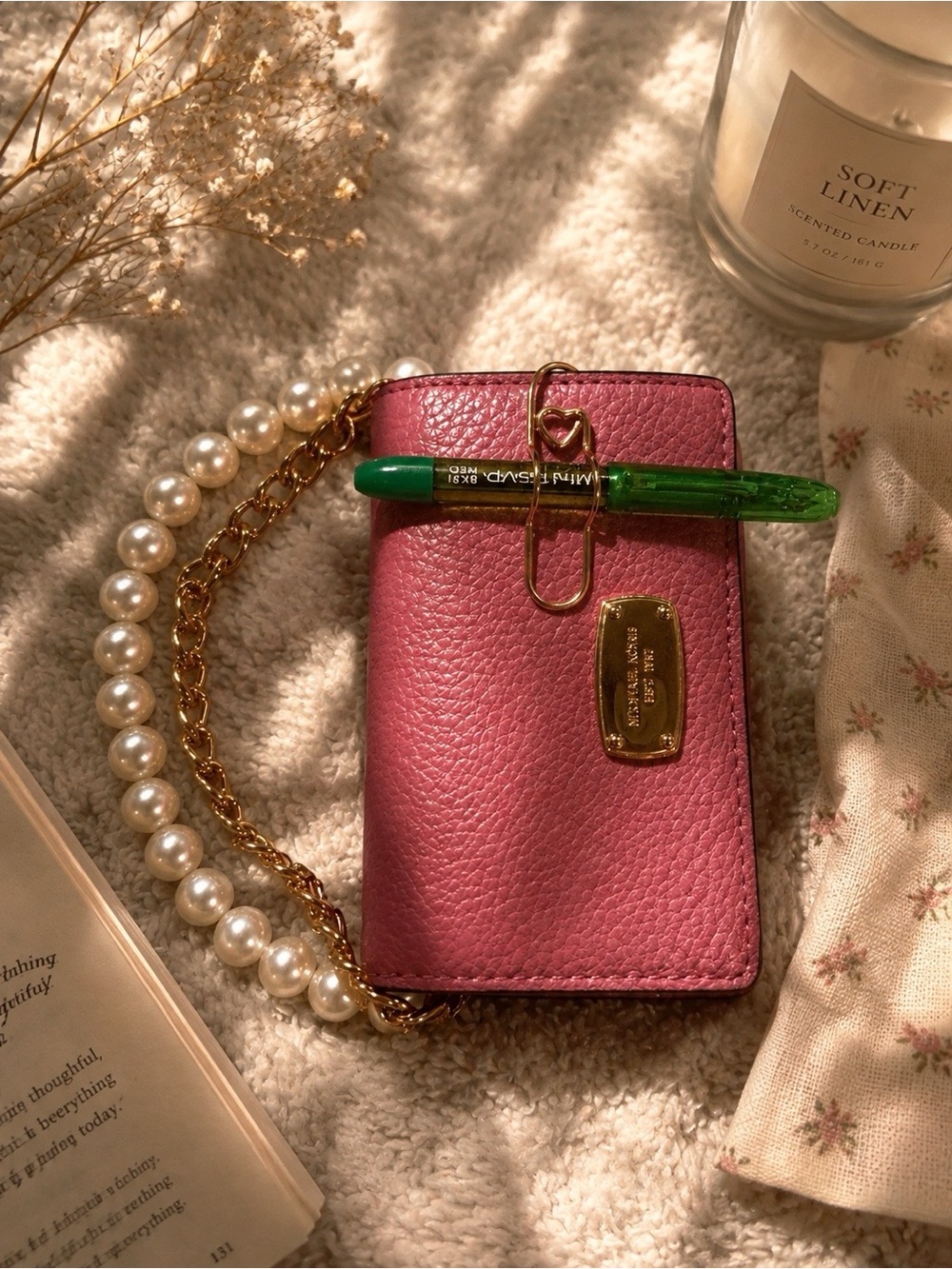 Michael Kors light Pink Pebbled Leather wallet with Pearl & Gold Chain